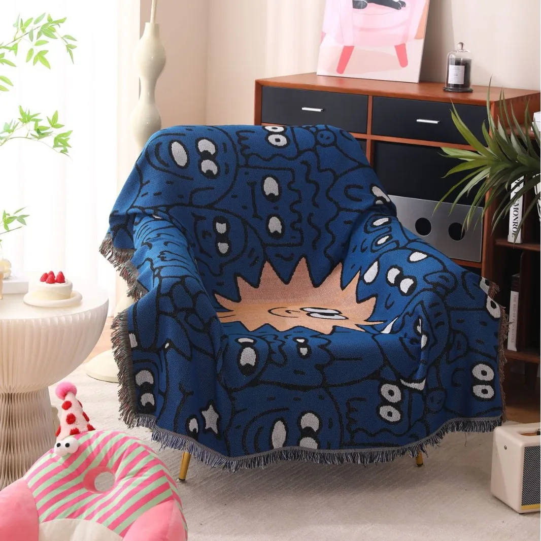 

Cool Graffiti Monster Jacquard Throw Blanket with Tassels Cartoon Art Woven Tapestry for Sofa, Bed & Teen Decor Nap Blanket Blue
