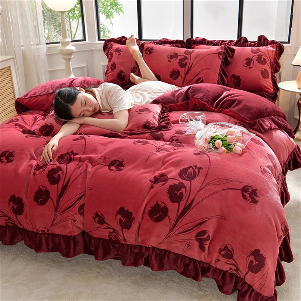 

Winter Warm Double-Sided Milk Velvet Four-Piece Set Thicken Quilt Cover Lace Pillowcase Bed Sheet Soft Coral Fleece Bedding Set