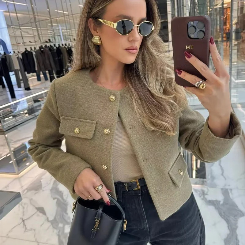 TRAF Woman Outerwear Autumn Long Sleeve Cropped Jacket For Women Winter Button Demi-Season Short Coats Elegancki płaszcz damski