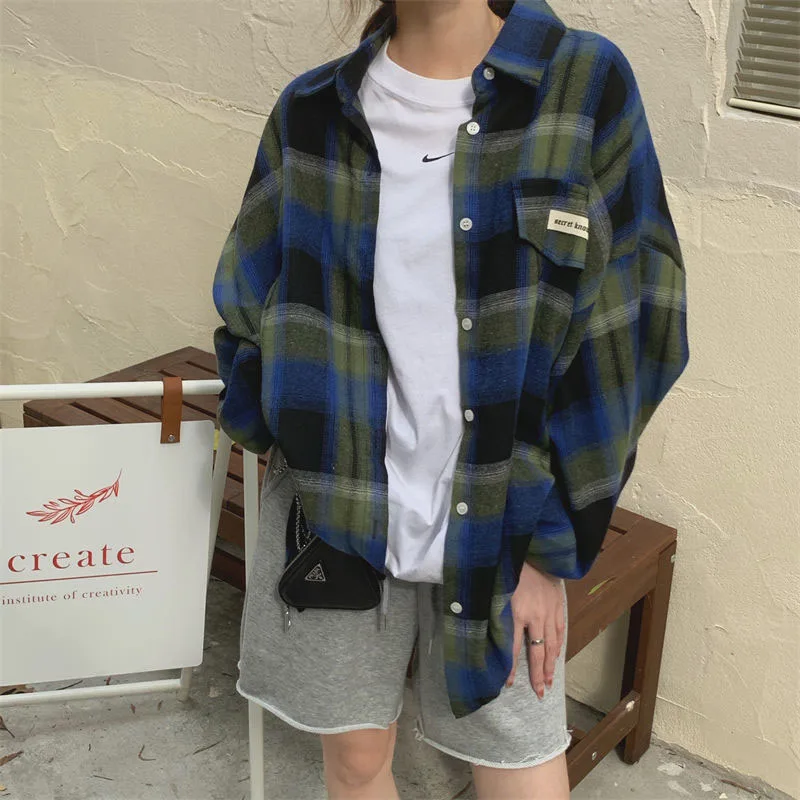 Zoki Vintage Harajuku Women Plaid Shirts Oversize Korean Students Lazy Wind Blouse Female Casual Long Sleeve Y2K Tops