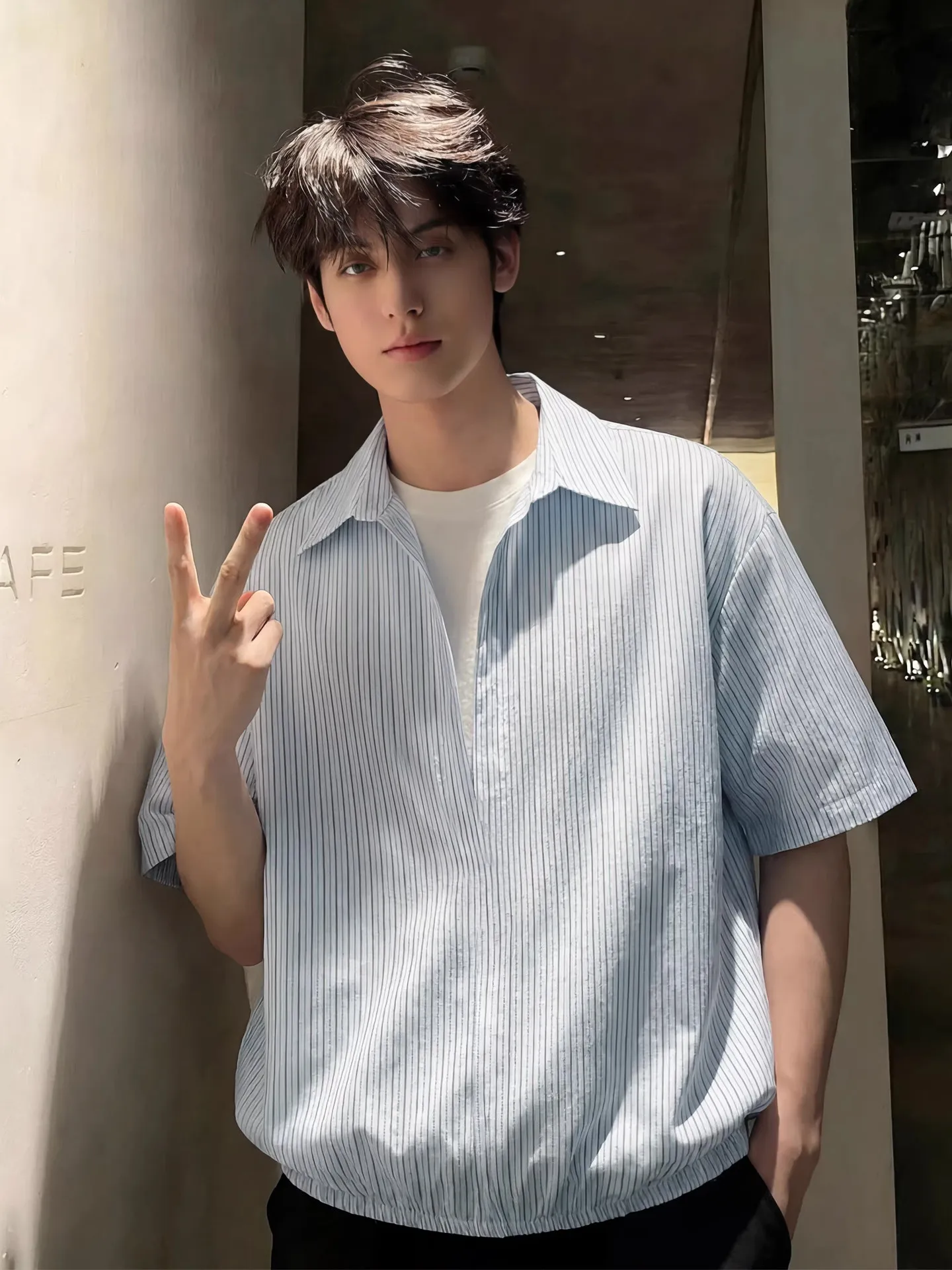 

Ice Silk Short Sleeve Shirt Men's American Stripe Patchwork Lazy Summer Cool Feeling T-Shirt Loose Fit Casual Style Breathable