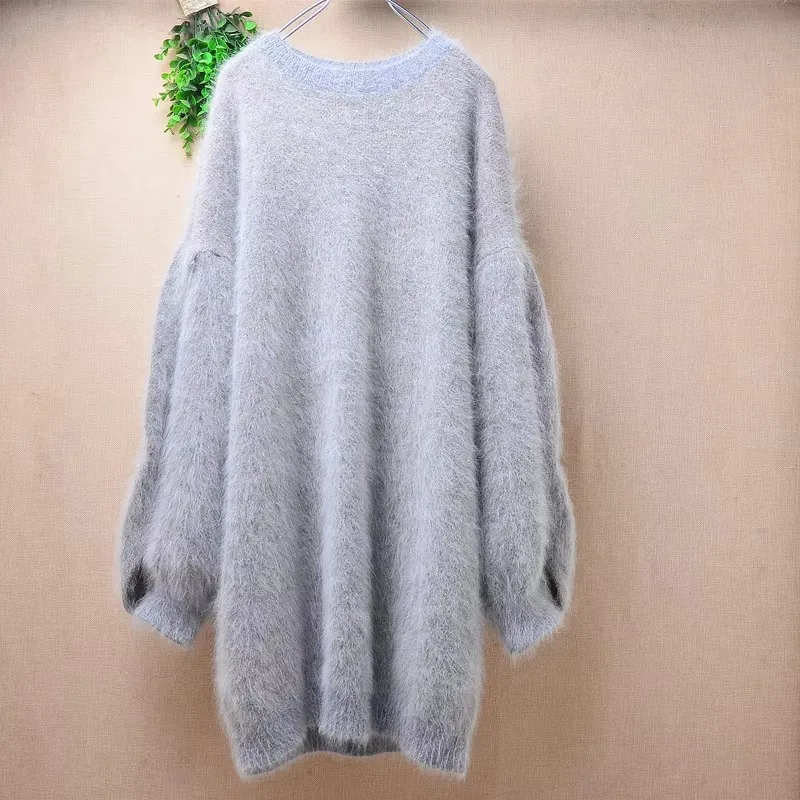 

Женская осенне-зимняя одежда Mujer, серый волосатый ангорский кролик, вязаный свитер с круглым вырезом и длинными рукавами-фонариками, свободный пуловер с разрезом