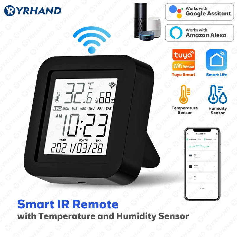 yrhand tuya inteligente wifi universal ir sensor de umidade temperatura remoto para ar condicionado tv ac funciona com alexa casa do google 01