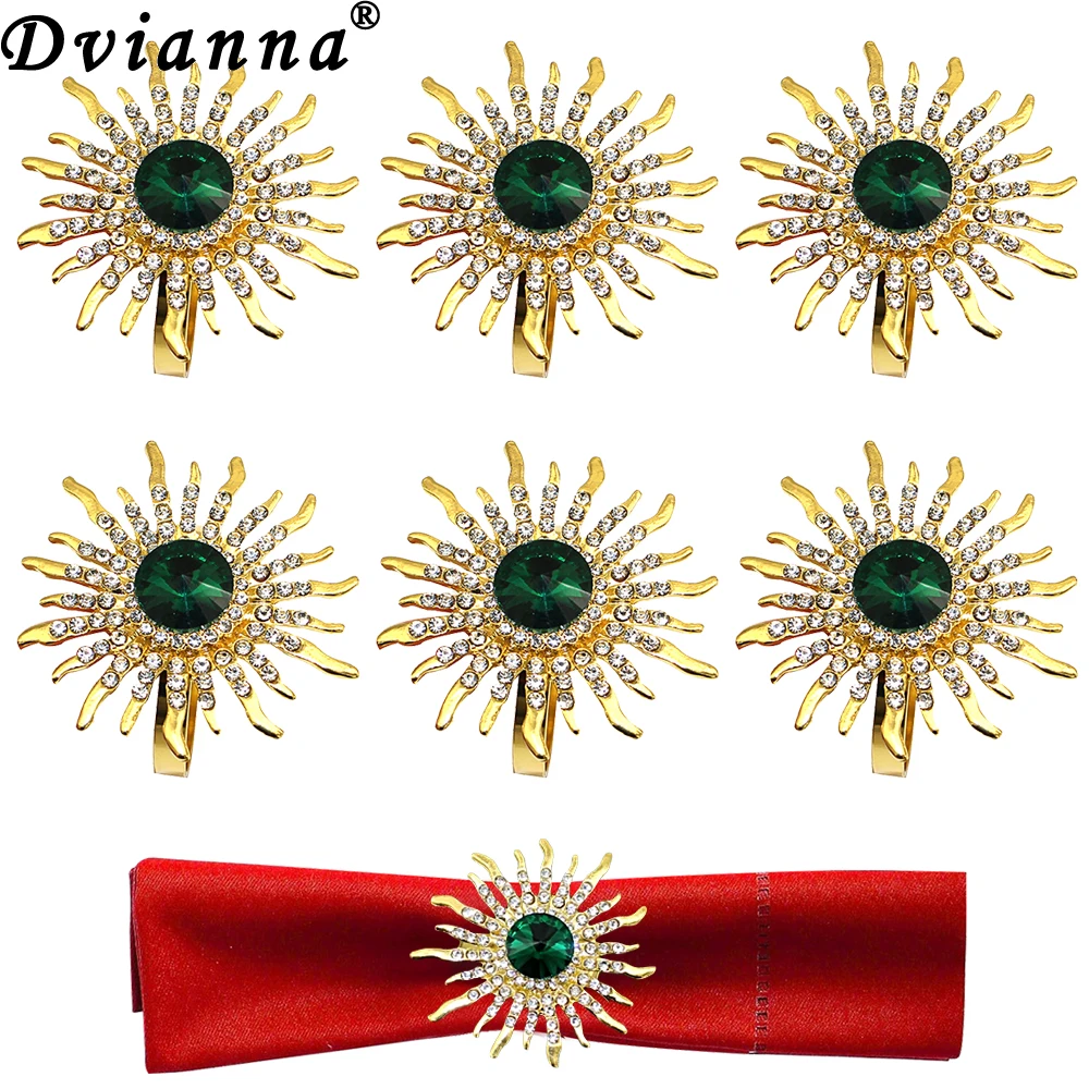 

6Pcs Green Crystal Rhinestone Napkin Rings Sunflower Napkin Holder for Christmas Wedding Banquet Party Table Decoration HWD56