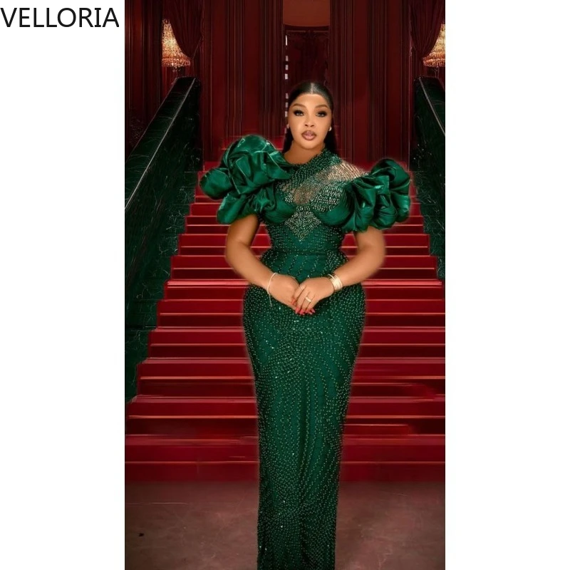 

Green Plus Size Mermaid Evening Dress Puff Sleeve Rhinestone Bustier Prom Gown Elegant Floor-Length Party Dress with TrainCustom