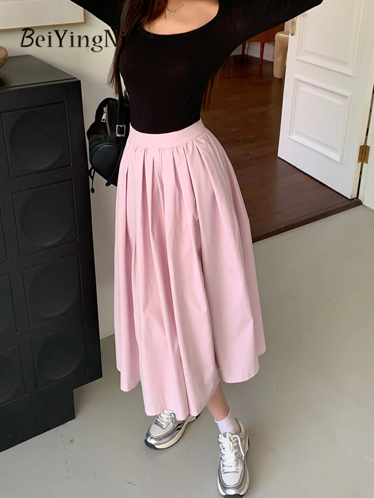 Beiyingni Hotsweet Pink Pleated Skirts Women Plain Stylish Party Looks Casual Vacation Female Slim Fit And Flare Mid-Calf Skirt