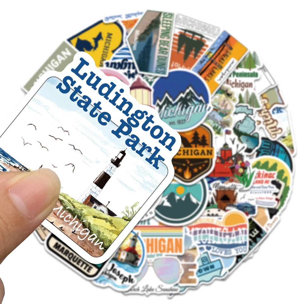 50pcs Travel Around The Michigan Stickers PVC Waterproof Stickers for Water Bottle Notebook Laptop Luggage Suitcases Kids Gifts