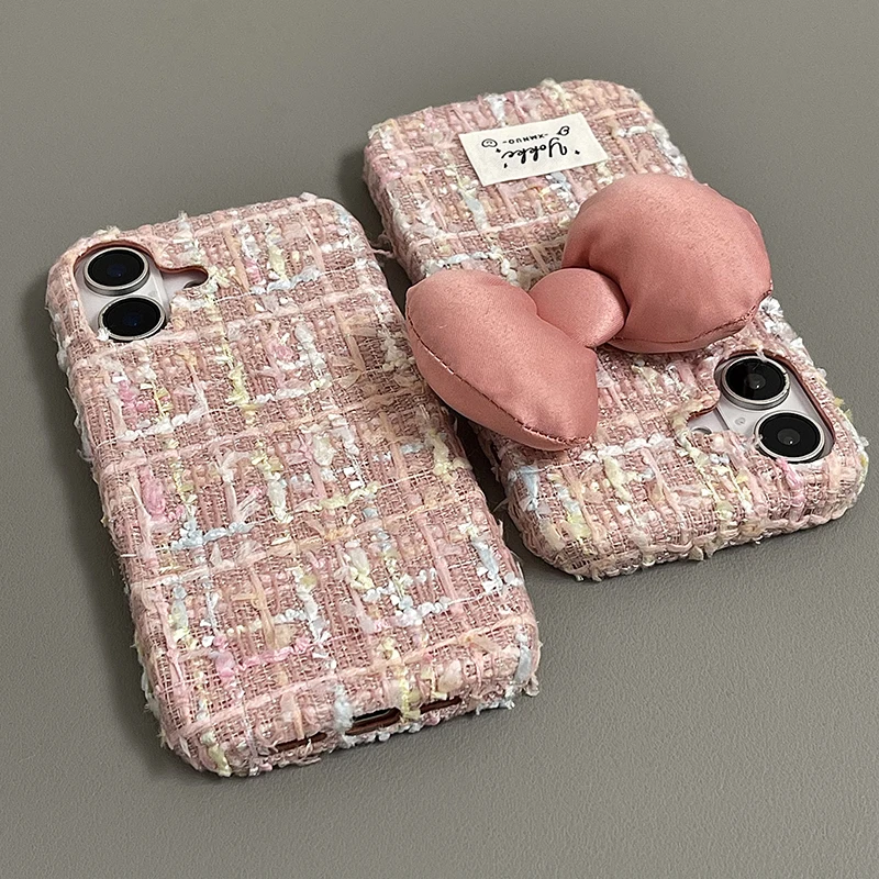 Fashion Pink Plush Weave Texture Bowknot Case For iPhone 16 Pro Max 15 13 14 12 Soft Fabric Phone Back Cover