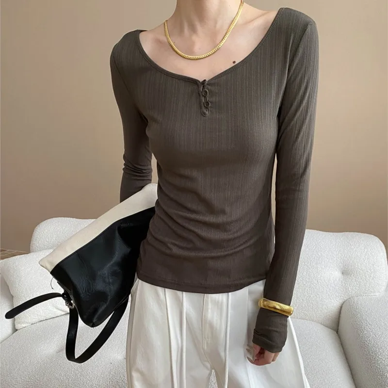 

Женская футболка весна-осень 2025 г., повседневная однотонная футболка с круглым вырезом и длинными рукавами на пуговицах