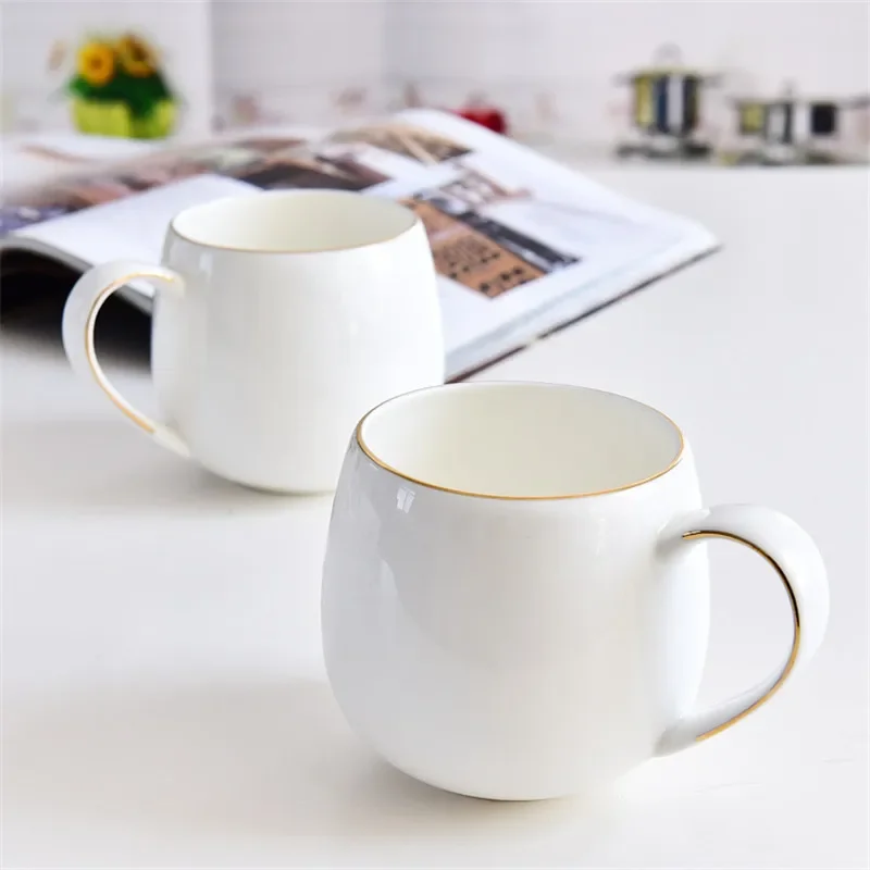 Pure White Brief Ceramic Mug, Bone China, Household Office Coffee Milk Cup with Gold Rim Mark, Drinkware Gift, Porcelain