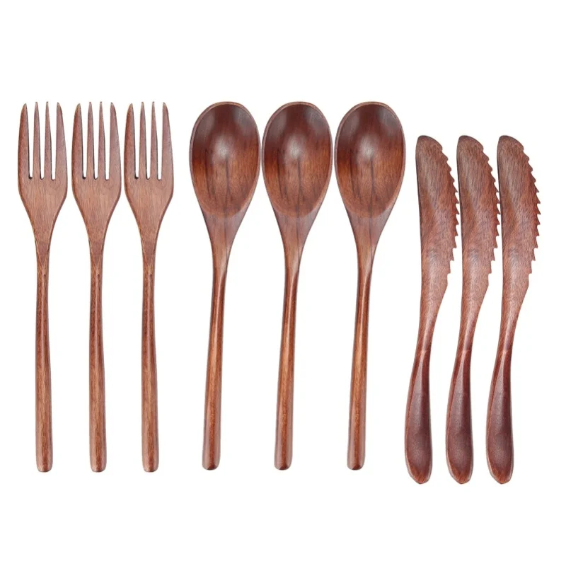 

F9 3set Wooden Tableware Fork Spoon Knife Kit Kitchen Cutlery Aldult For Home Cafe Restaurant Travel Portable Tableware Japanese