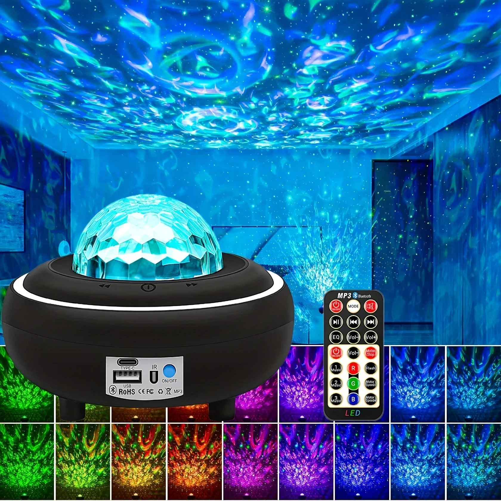 New LED Water Pattern Bluetooth Music Diamond Starry Sky Light USB Plug in Atmosphere Projection Light