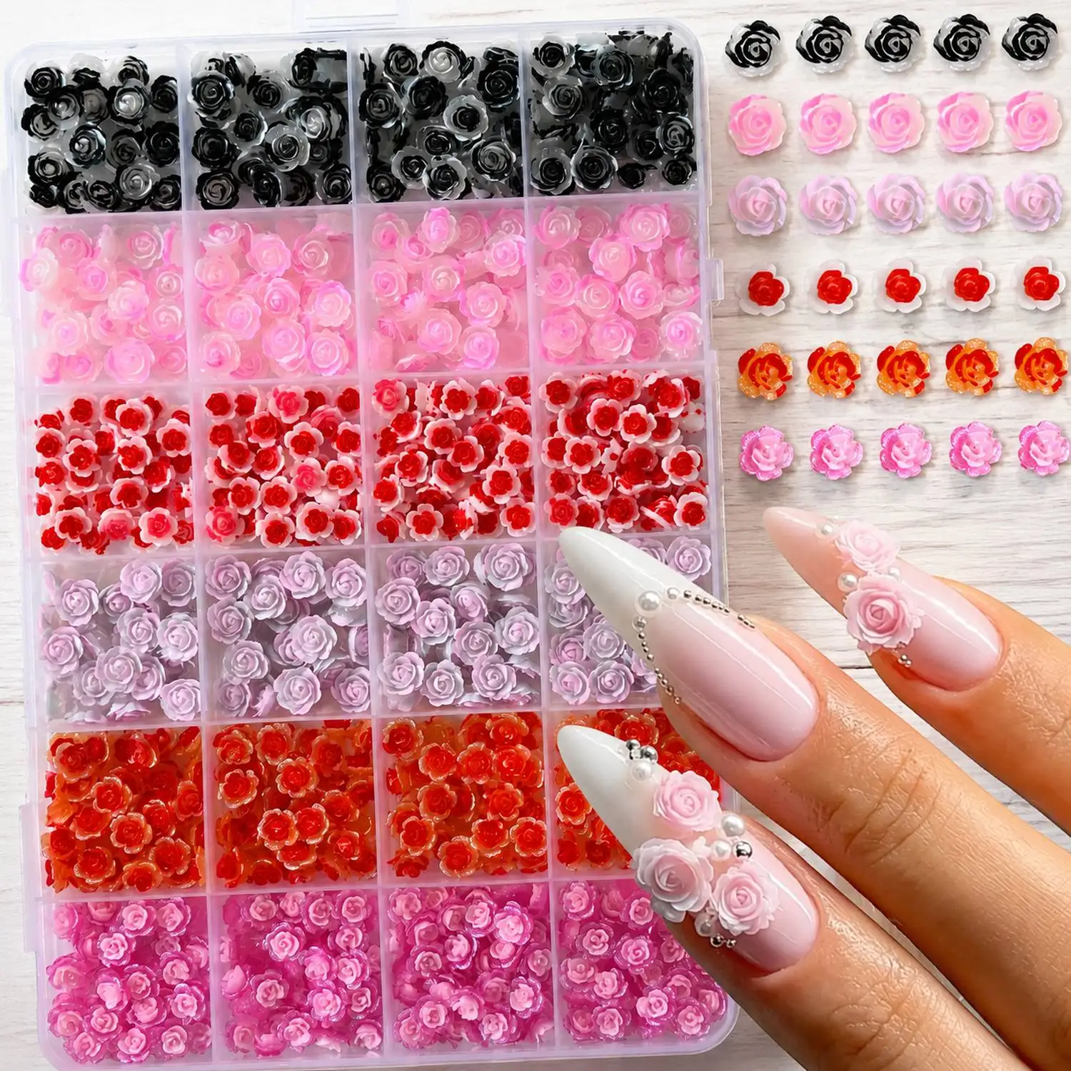 

24Grids/Box 3D Embossed Small Flower Nail Charms Pink Gradient Small Flower Nail Decoration Manicure Decor Flower Nail Parts