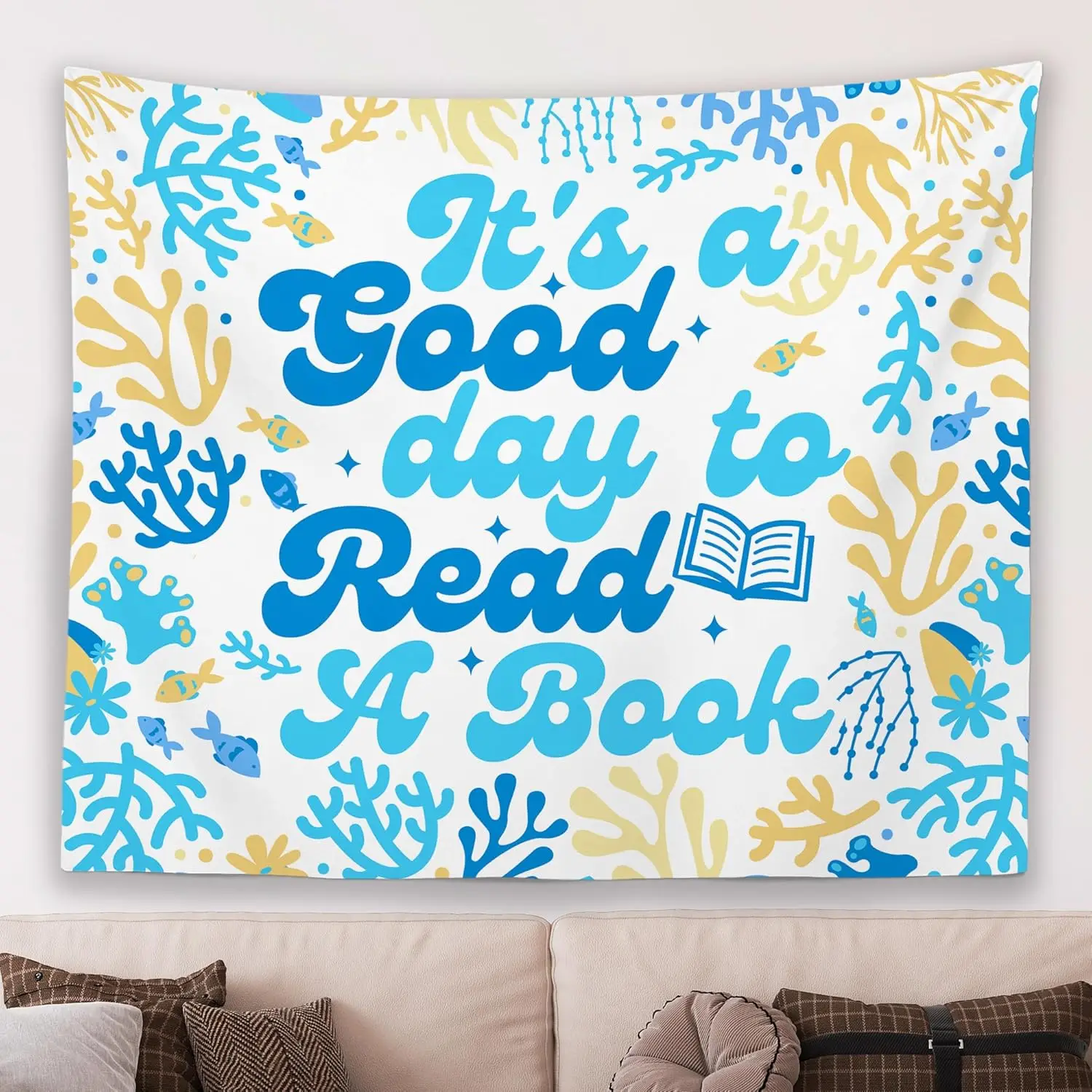 It's A Good Day to Read A Book Classroom Wall Tapestry Hanging, Blue Sea Ocean Beach Reading Banner Tapestries, Summer Wall
