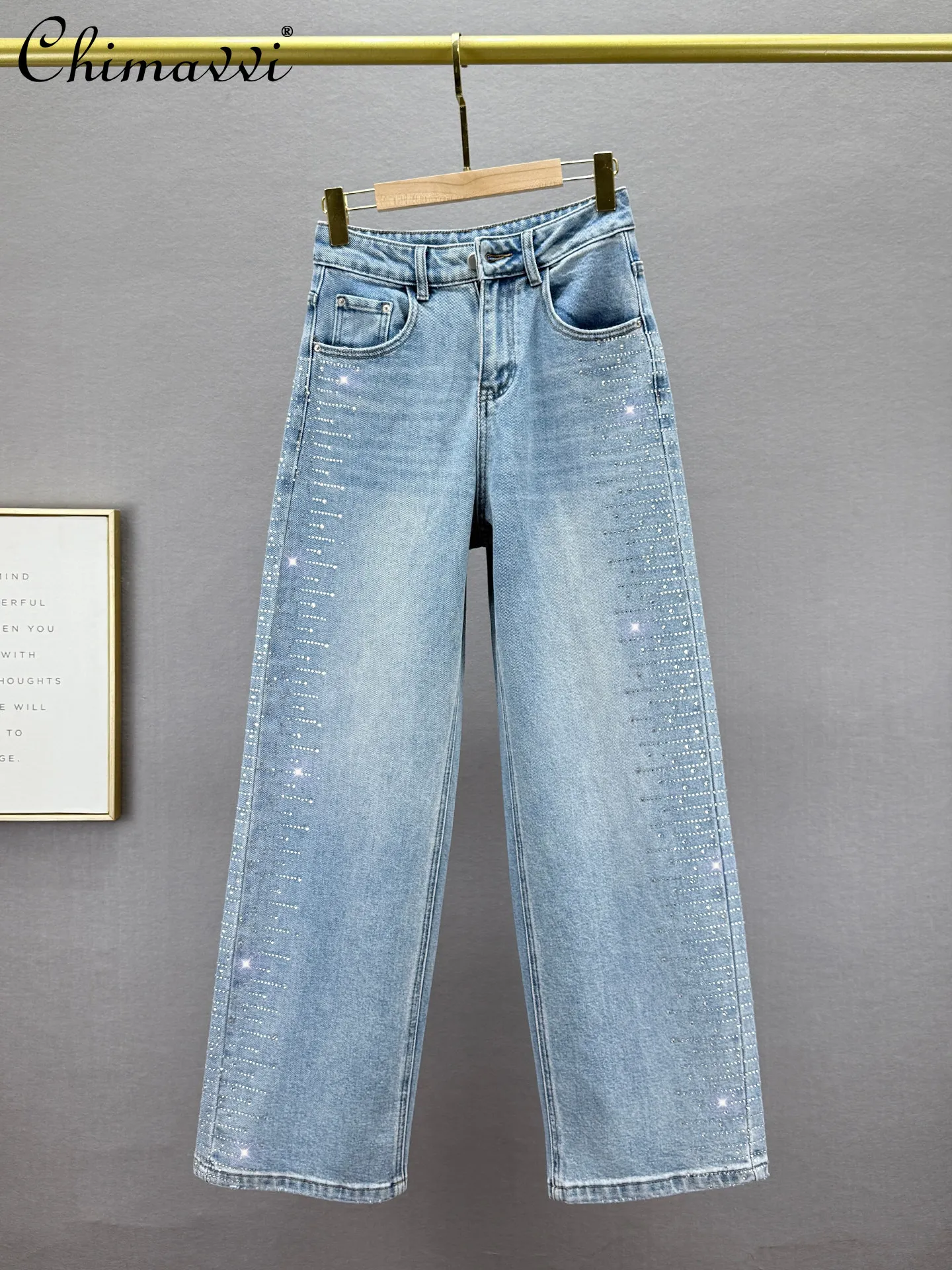 

Fashion Extra Long Jeans for Women 2026 Spring Autumn New High Waist Slimming Rhinestone Straight Leg Pants Floor-Length Pants