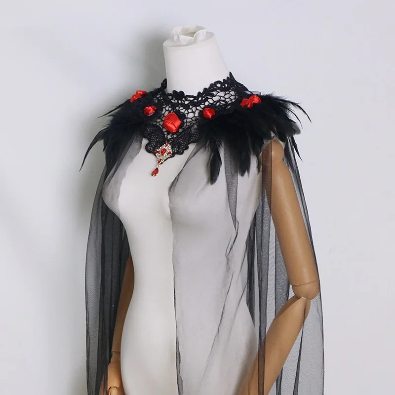 

Halloween feather cloak black fur collar 2026 mesh cape mid-length skirt stage performance costume with buttons