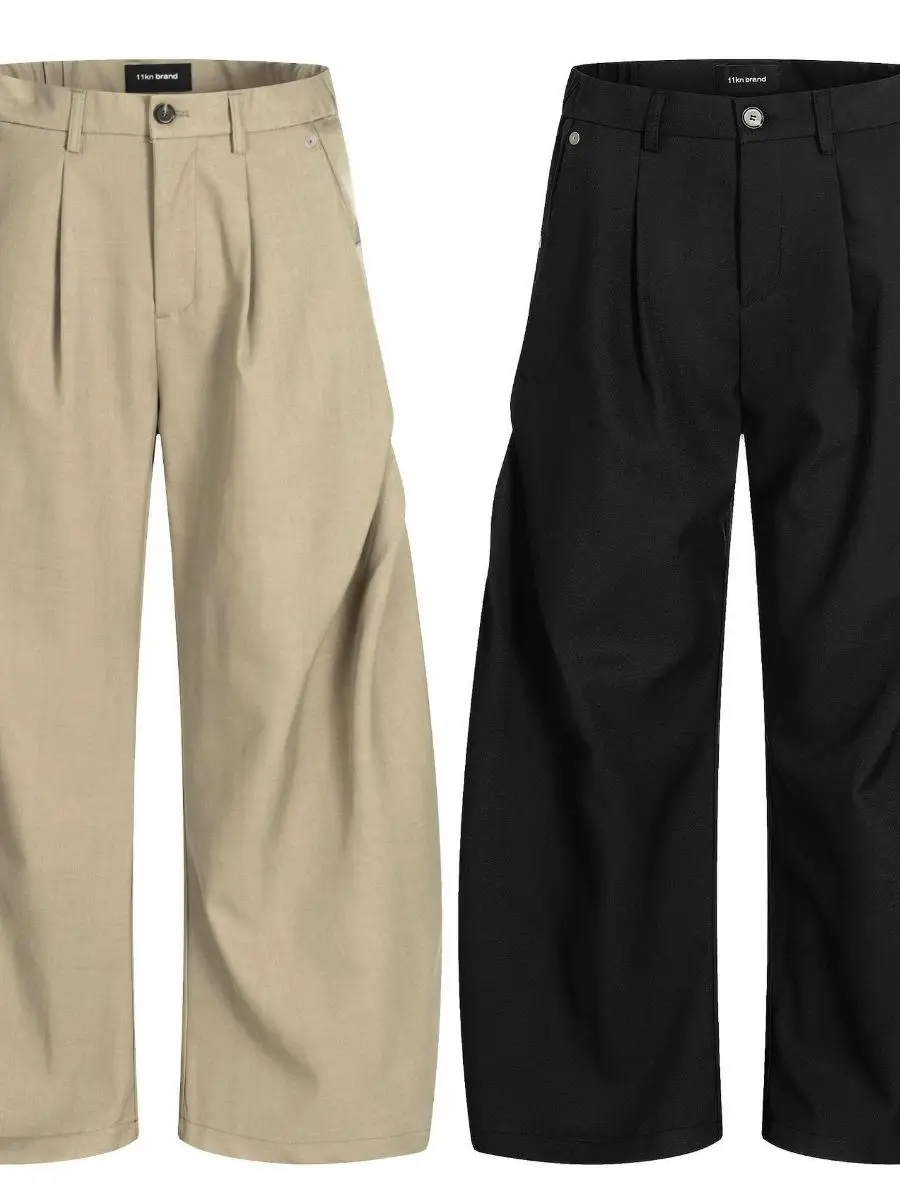 

KN American Retro Bent Knife Wide Leg Pants Loose Straight Cut Trousers Men Women Pure Color Pleated Design Casual Trousers