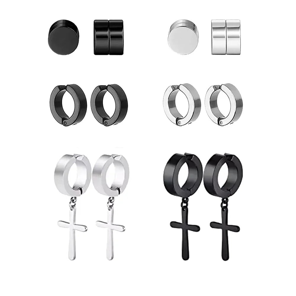 1 Pairs Ear Clip Earrings Set For Men Women Stainless Steel Non-Piercing Cross Dangle Hoop Unisex Clip On Earrings Jewelry Gift