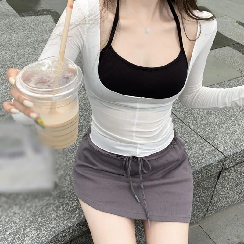 Two Pieces Set Y2k Slim Long Sleeves T-shirt Women Short Halter Camisole All Match Patchwork Top Female Fashion Tight Crop Top