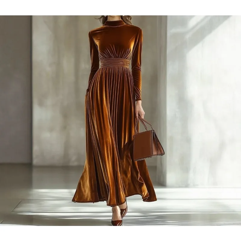 

Long-sleeved Dress Waist Temperament Swinging Elegant Women's Long Dress