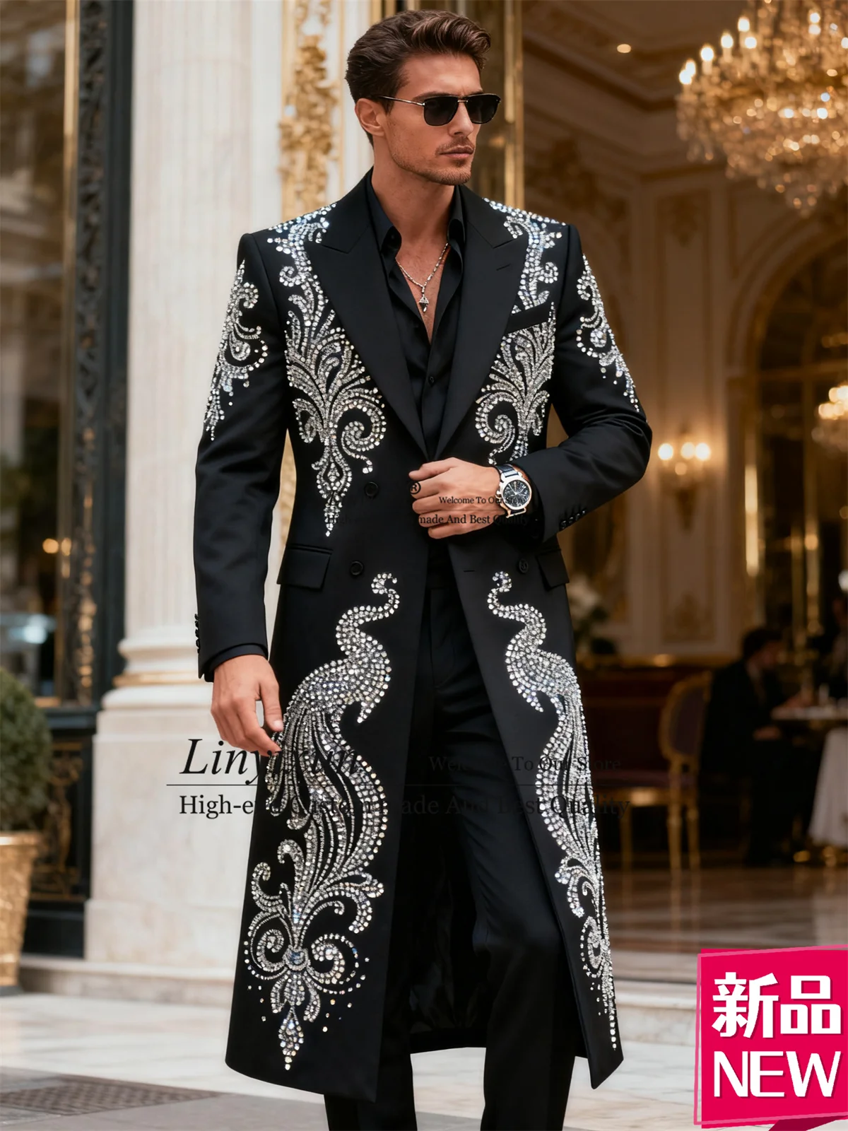 

Sparkly Rhinestone Diamond Wedding Suits For Men 2 Pieces Sets Groom Male Blazers Slim Fit Ropa hombre Customized Long Coat Pant