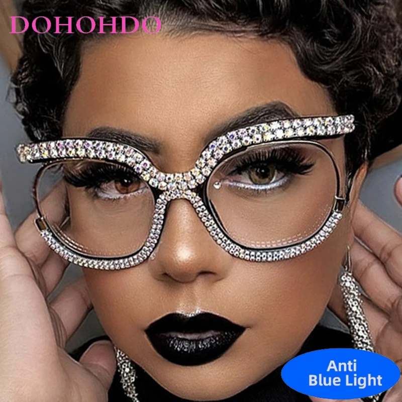 

Retro Luxury Designer Blue Light Blocking Glasses Women Men Oversized Round Frame Rhinestone Eyeglasses Computer Gaming Glasses