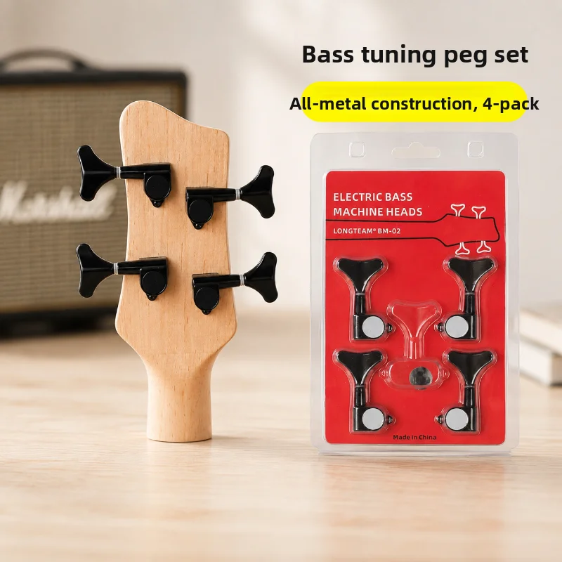 Fishtail head 4 pcs, black silver, closed, bass string button, electric bass reel, all metal, string quasi-accessories