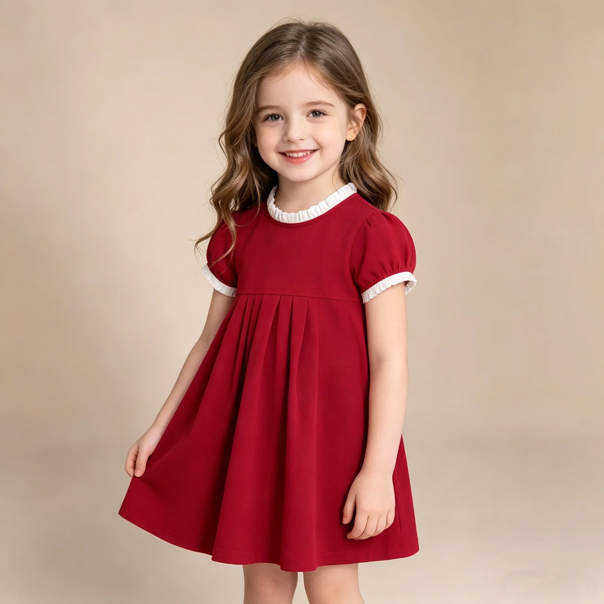 1-9T Summer Princess Birthday Girls Dresses Short Sleeve Red Navy Blue Children's Clothing Cute Selling Toddler Kids Frocks