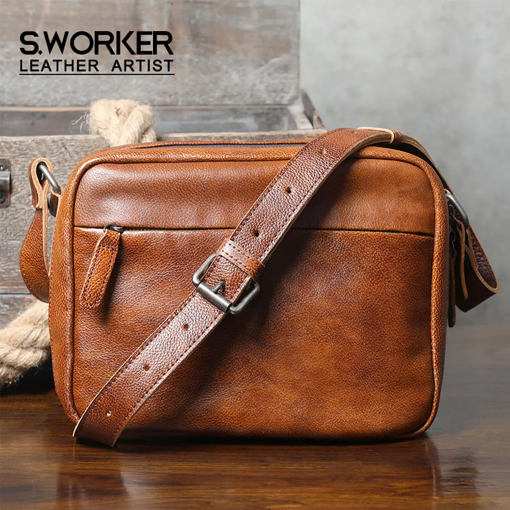 S.WORKER Echtleder Herren Casual Umhängetasche Modische Vegetabil Gegerbte Rindsleder-Brusttasche Leder-Handytasche Tagesrucksack – Detail 2