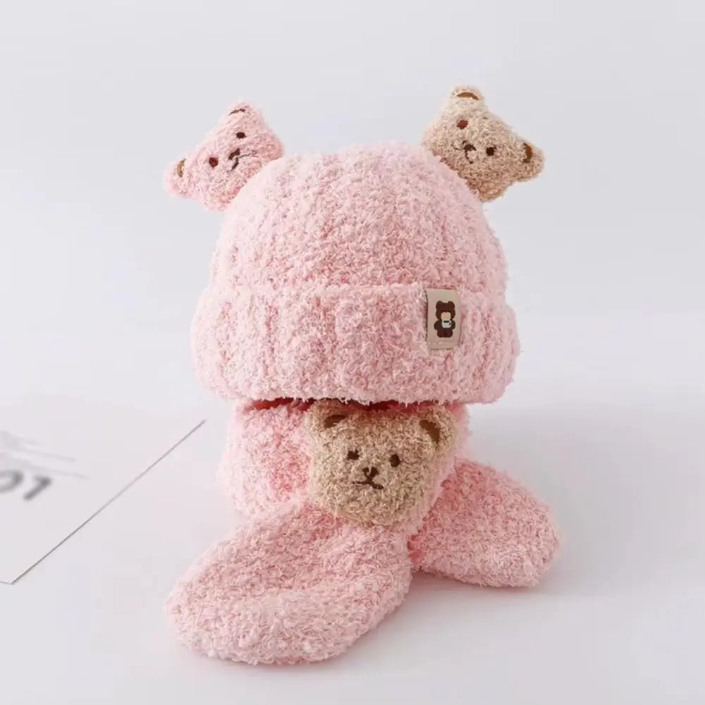 Cute Fluffy Bear Autumn Winter Hats Ear Protection Windproof Hat Scarf Set Warmer Warm Bonnet for Children - view 3