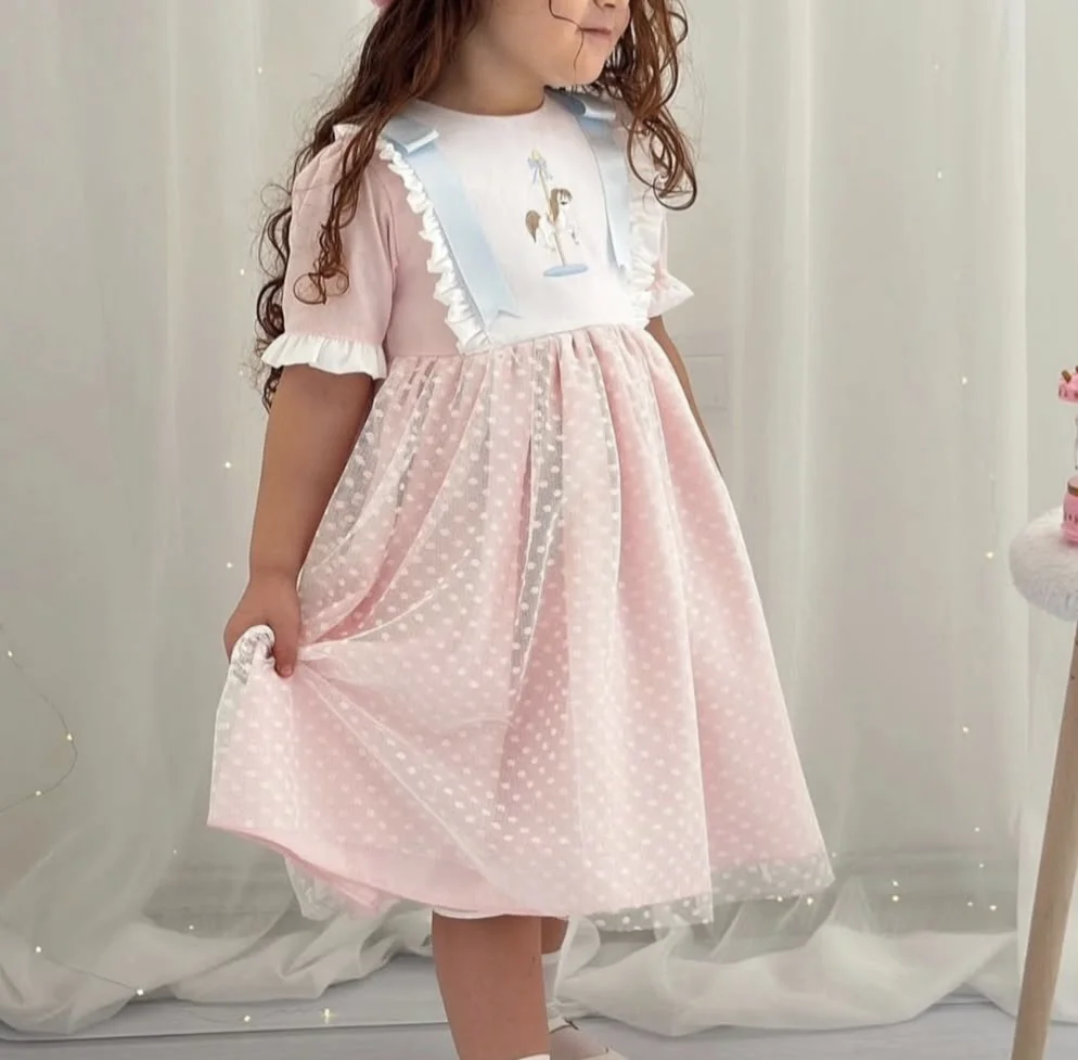 

0-12Y Baby Girl Summer Merry-go-round Embroidery Vintage Princess Pink Dress for Birthday Photography Holiday Eid Casual B70