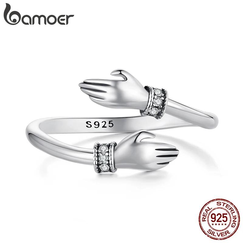 BAMOER Solid 925 Sterling Silver Hug Warmth and Love Hand Adjustable Ring for Women Party Jewelry, His Big Loving Hugs Ring