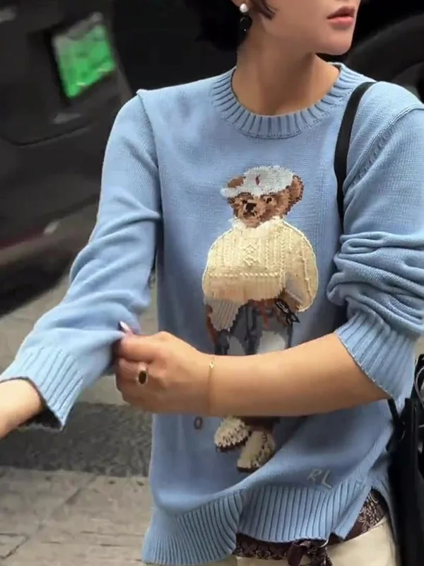 

La Chapelle, антивозрастной круглый свитер с принтом ленивого медведя, женский осенне-зимний синий топ, корейский свободный крой, Camere