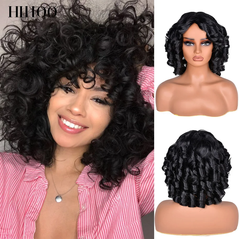 

14 Inch Afro Curly Wig with Bangs For Black Women Synthetic Short Curly Wig Soft Ombre Hair Natural Look Cosplay