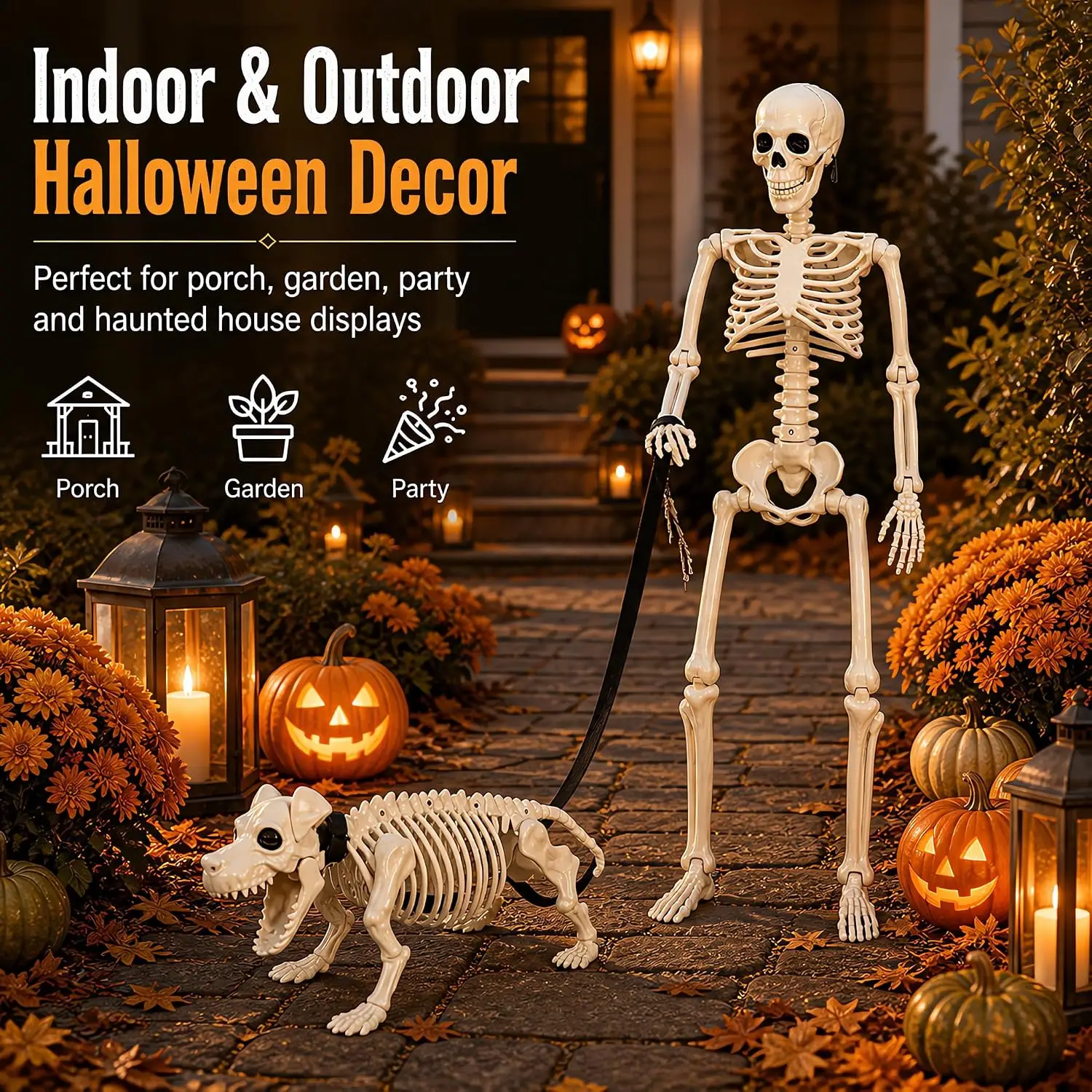 Life Size Posable Skeleton Set with Skeleton Dog 35.43 In Movable Joints Halloween Prop for Haunted House Porch Yard Decoration