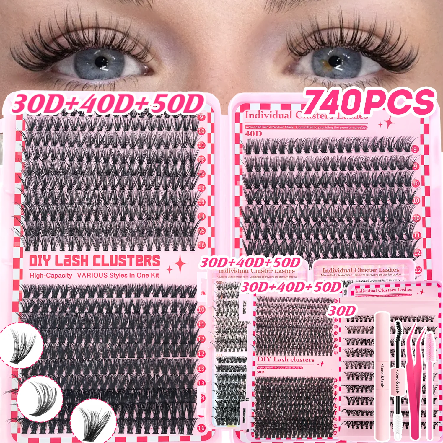 Kit de grappes de cils individuelles-200/640/690/740 pièces cils bouclés D Extra épais Look de cils vaporeux, maquillage pour les yeux de qualité Salon