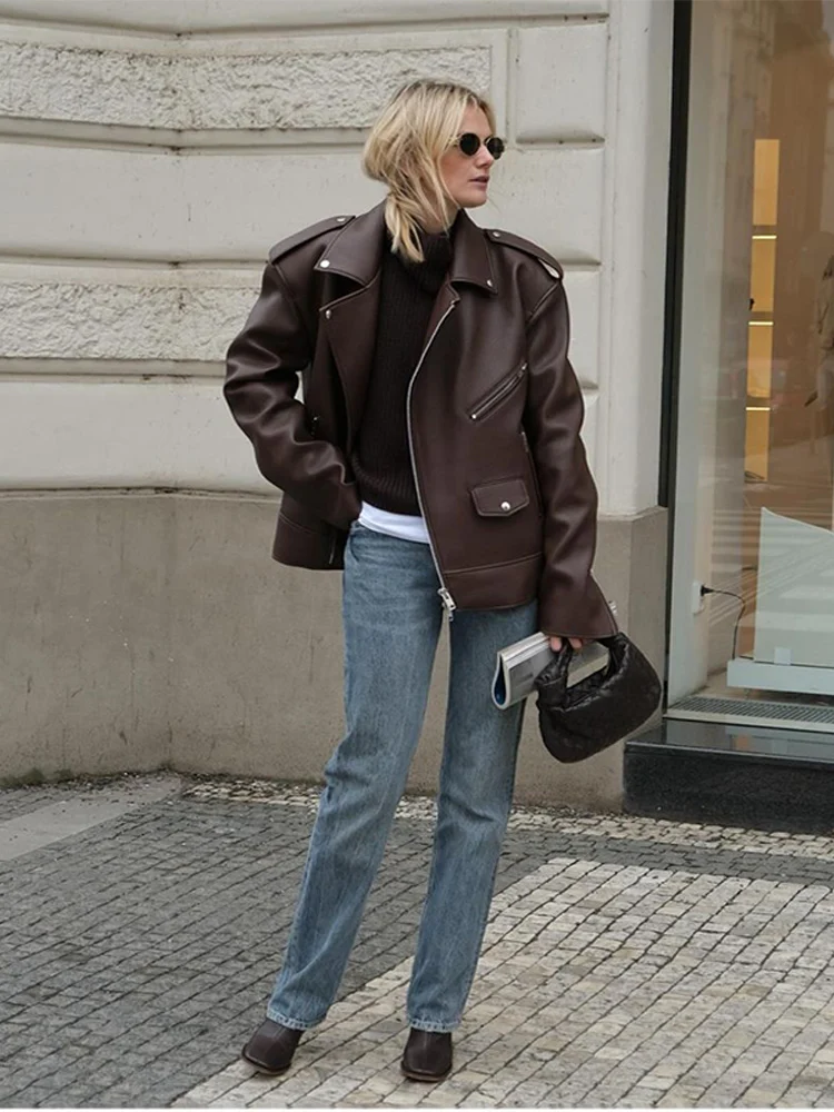 Women's Jackte Textured PU Leather Jackets Drawstring Waist Outwear High Neck Coats Asymmetric Zip Oversize Autumn Lady Clothes