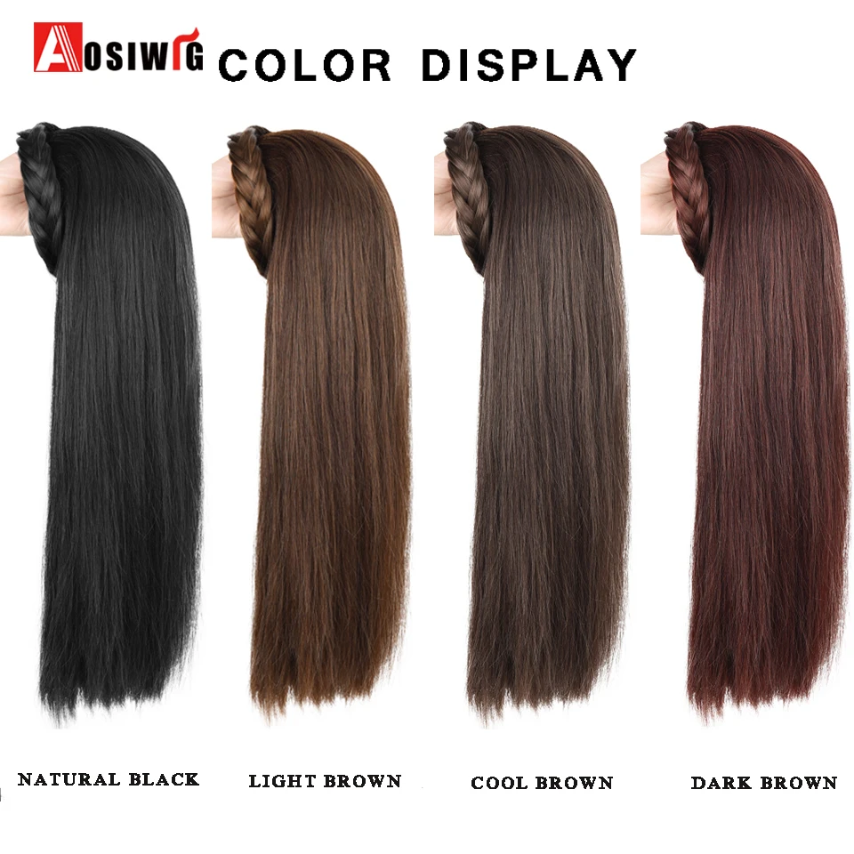 AOSIWIG Synthetic Long Wavy Headband Wig Black Brown Women\'s With Twist Braid Hairband Accessories Natural Half Wig