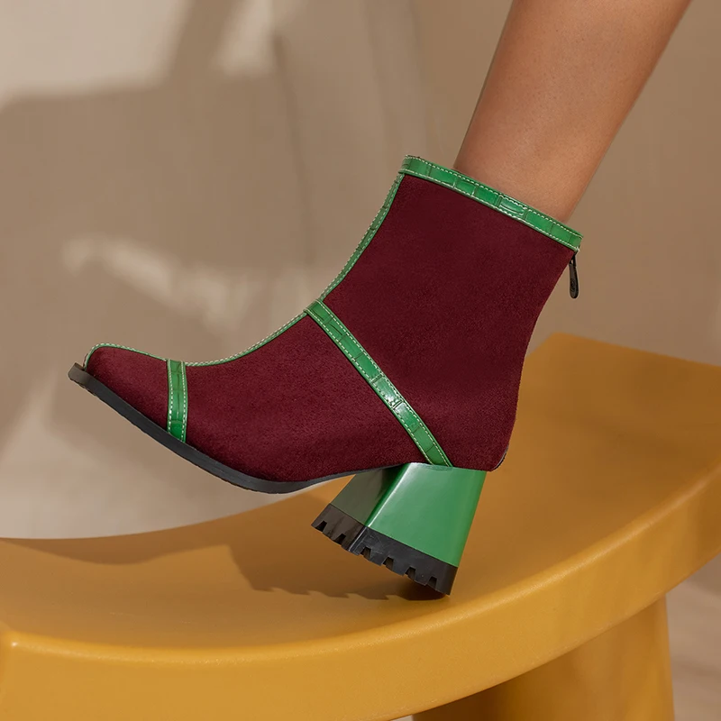 2024 new autumn winter women ankle boots plus size 22-28cm Microfiber upper mixed colors square toe back zip modern boots image 2