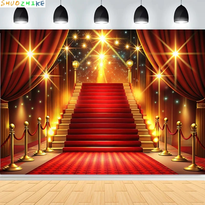 

Red Carpet Stage Shining Spotlights Photography Backdrops Stair Lighting Bollywood Golden Regal Awards Photo Background WT-02