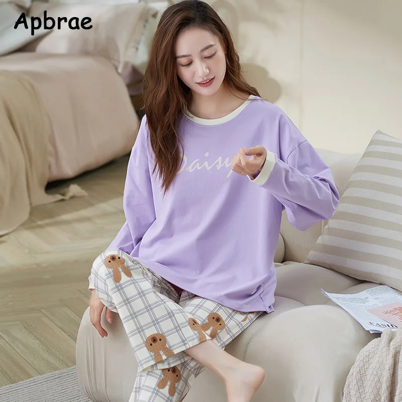 Autumn Long Sleeves Full Pants Cotton Pajamas for Women Leisure Leaf Print Sleepwear Fashion Nightwear Girls Homewear