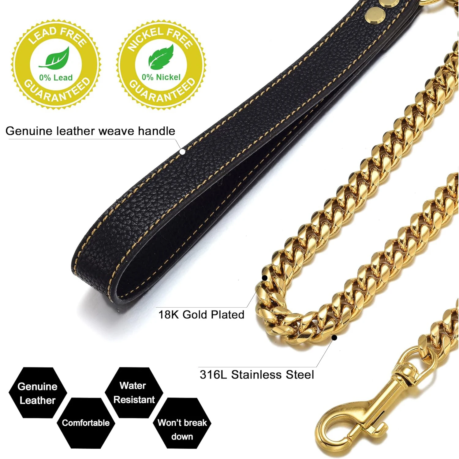 14MM Gold Dog Leash Stainless Steel Metal Chew Proof Dog Lead Chain for Dogs Pet Traction Rope