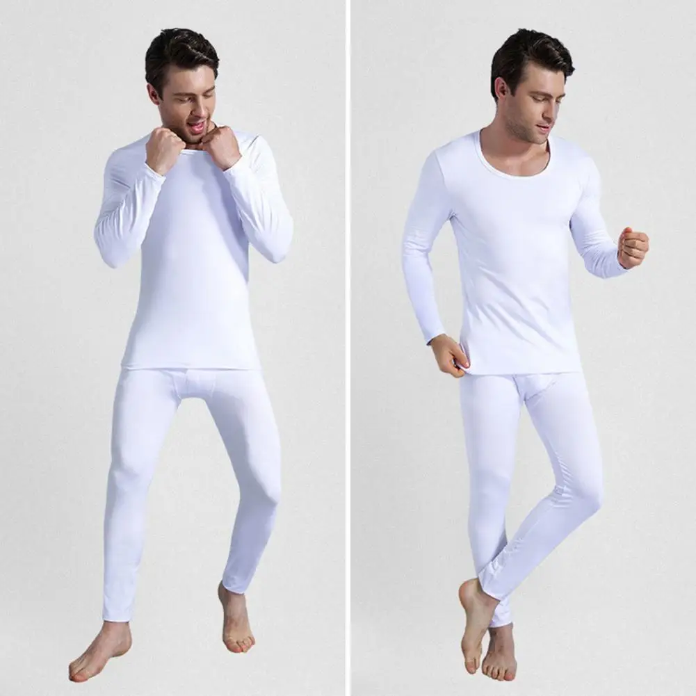 Men Thermal Underwear Set Winter Warm Underwear Set Thick Fleece Lined Soft Elastic Long Sleeve U Slim Fit Homewear Thermal Top