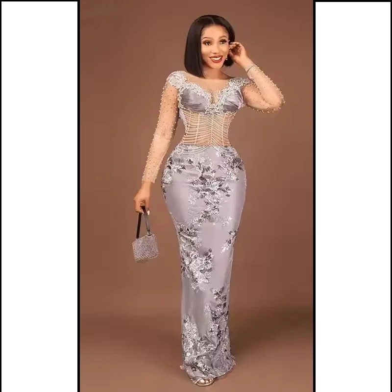 

Элегантное вечернее платье Aso Ebi, прямое африканское женское платье с длинными рукавами для выпускного вечера, длинное серое вечернее платье с аппликацией, расшитое бисером, на заказ