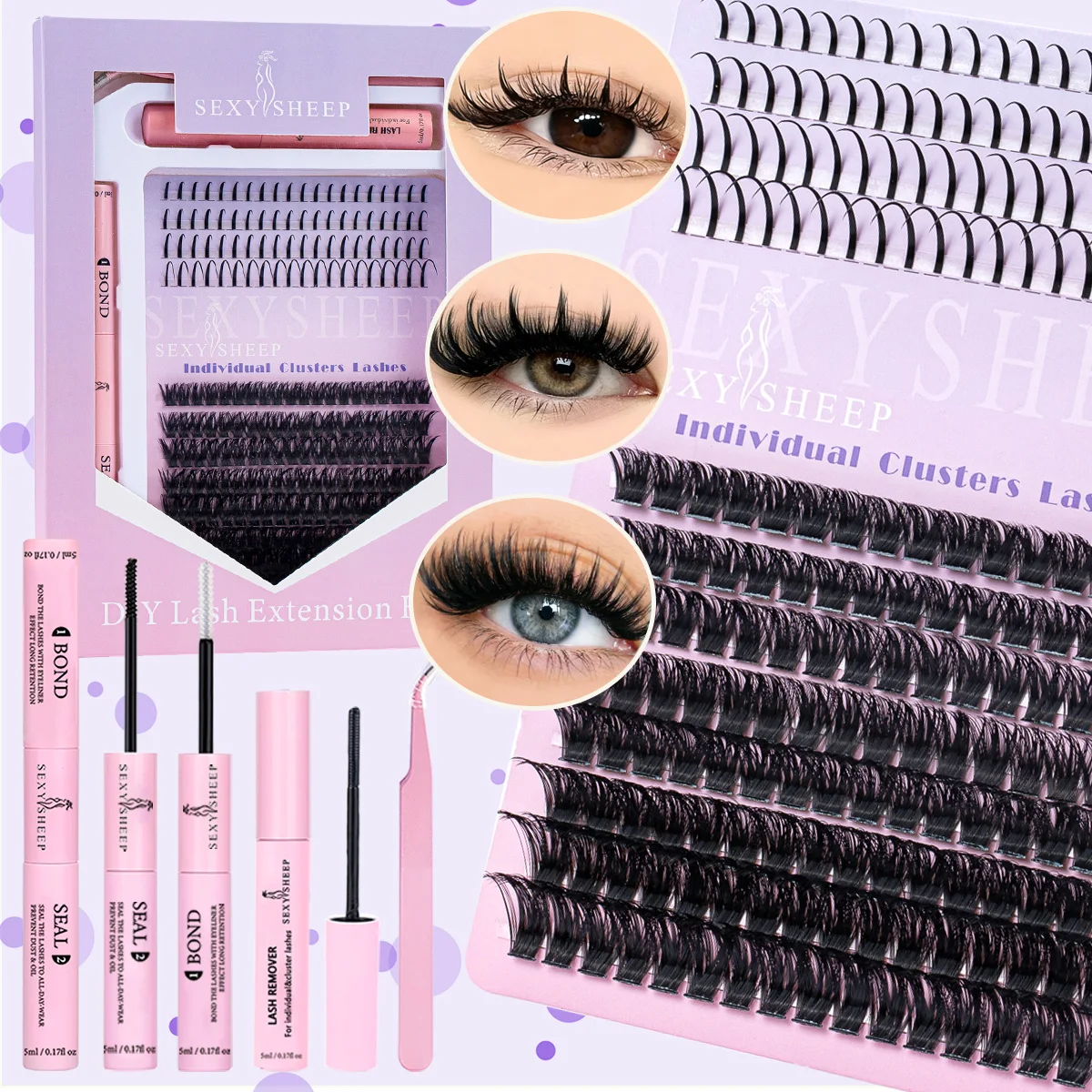 Kit de Pestañas en Racimo, Pestañas Individuales con Efecto Spikes, Kit de Extensión de Pestañas Suaves y Gruesas con Adhesivo y Sellador para Maquillaje