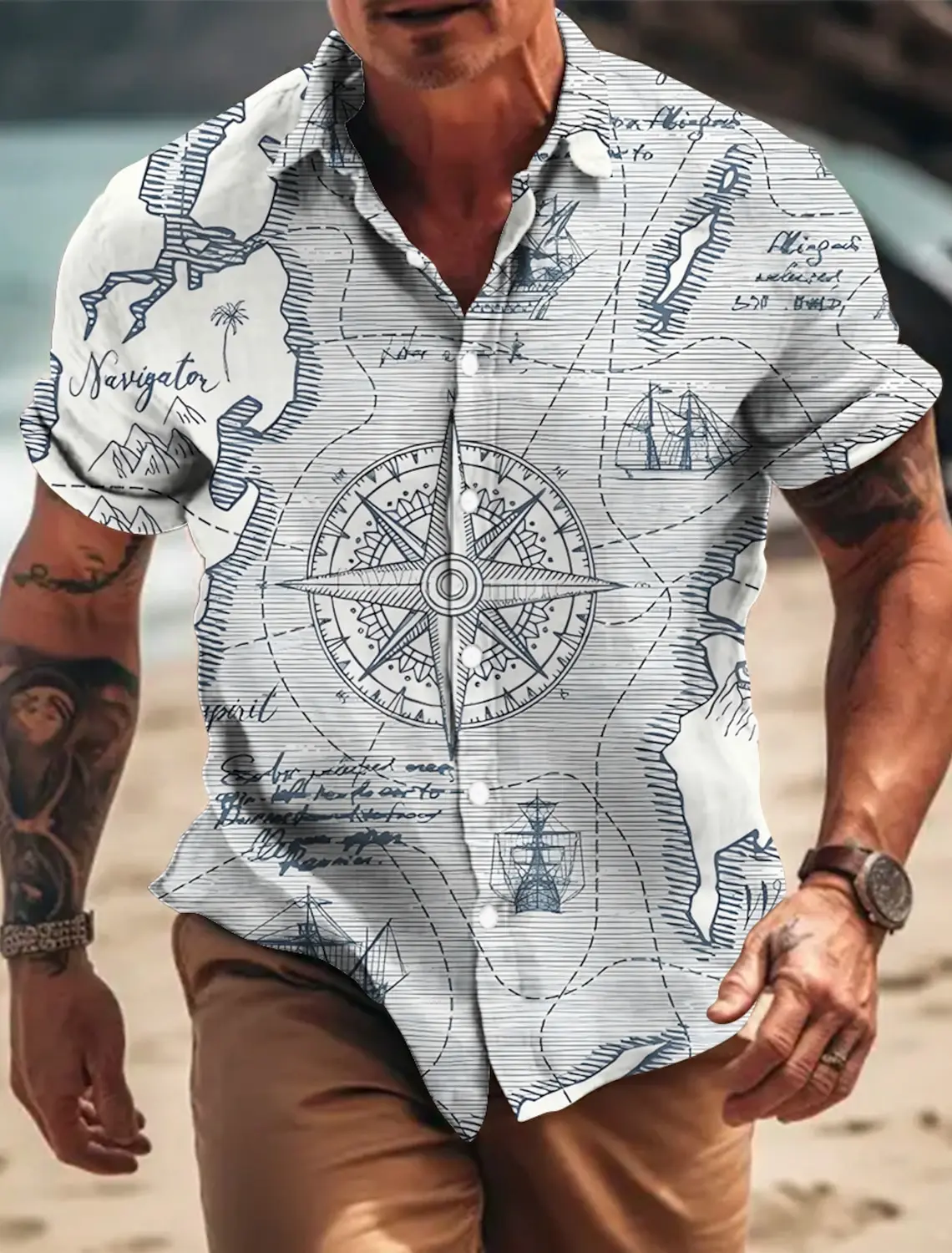 Camisa estampada de manga corta para hombre, ropa de moda con ancla Vintage, brújula, velero, gira, calle al aire libre