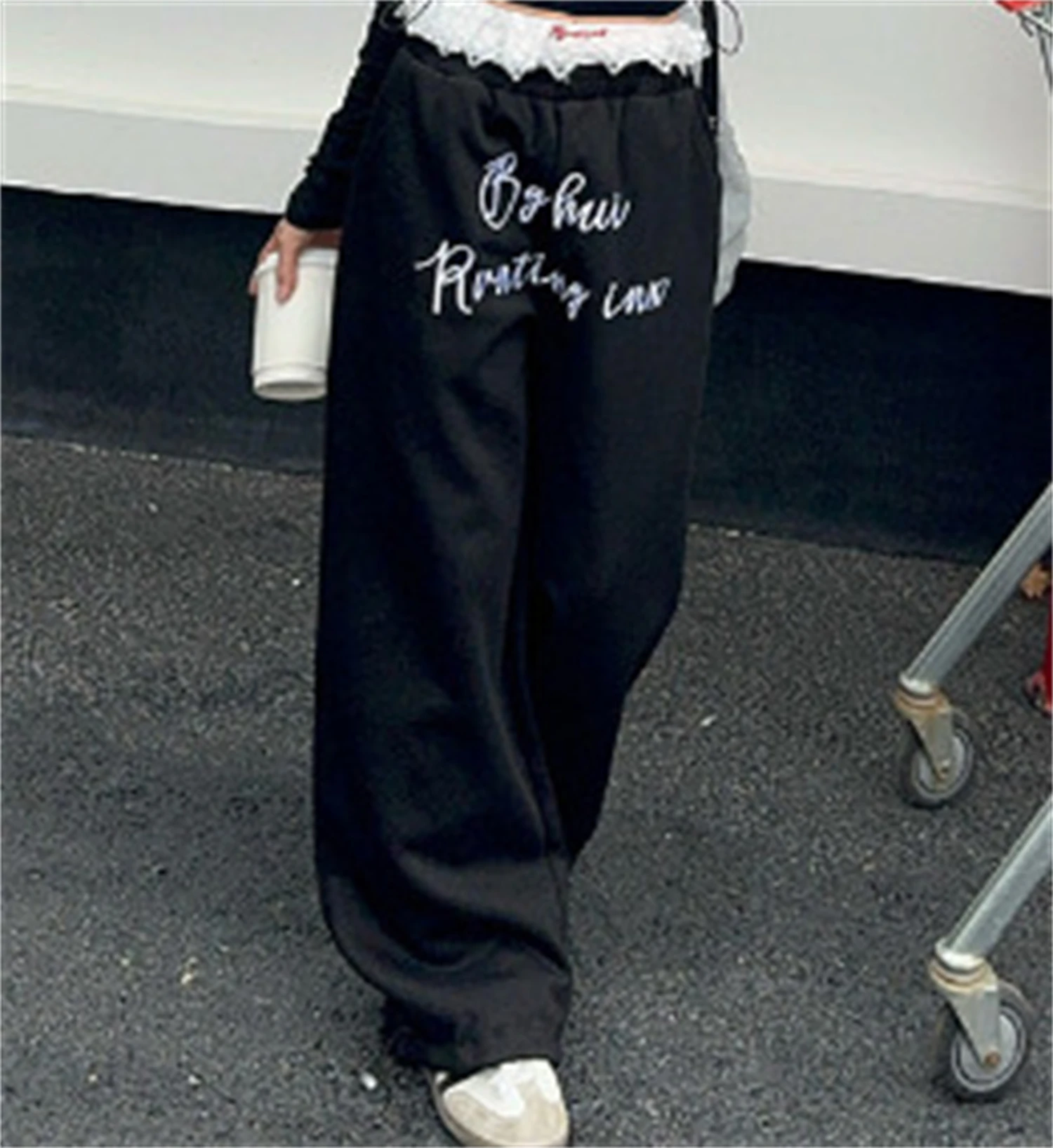 Women's Y2K Lace Waist Wide Leg Pants Letter Print Baggy Streetwear Trousers Casual Loose Sweatpants