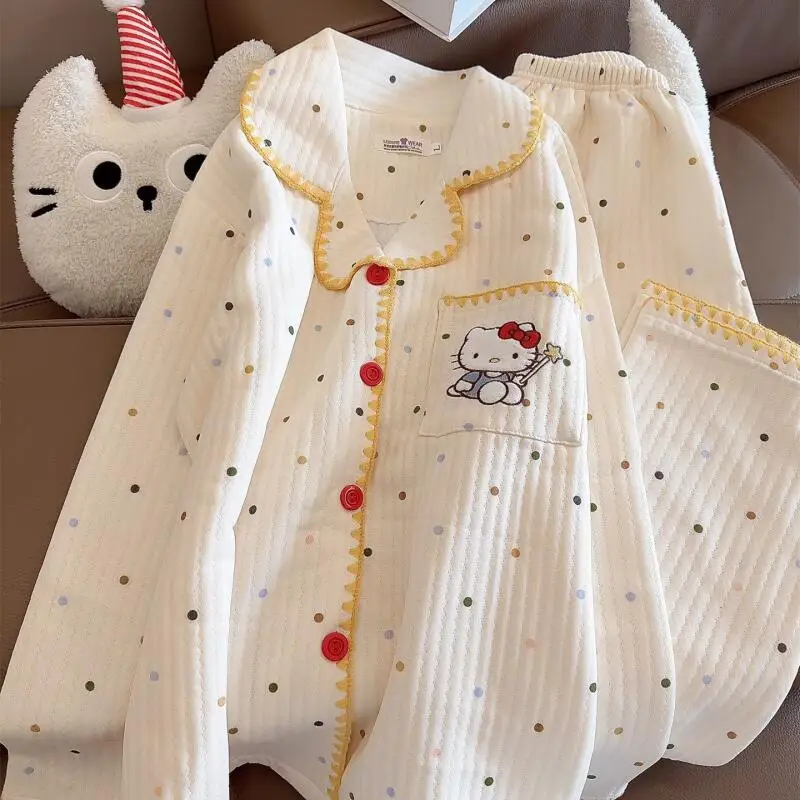 

Студенческие пижамы Sanrios с героями мультфильмов «Hello Kittys», брючные костюмы с длинными рукавами, домашняя одежда, модная повседневная одежда с милым свободным принтом, Лидер продаж