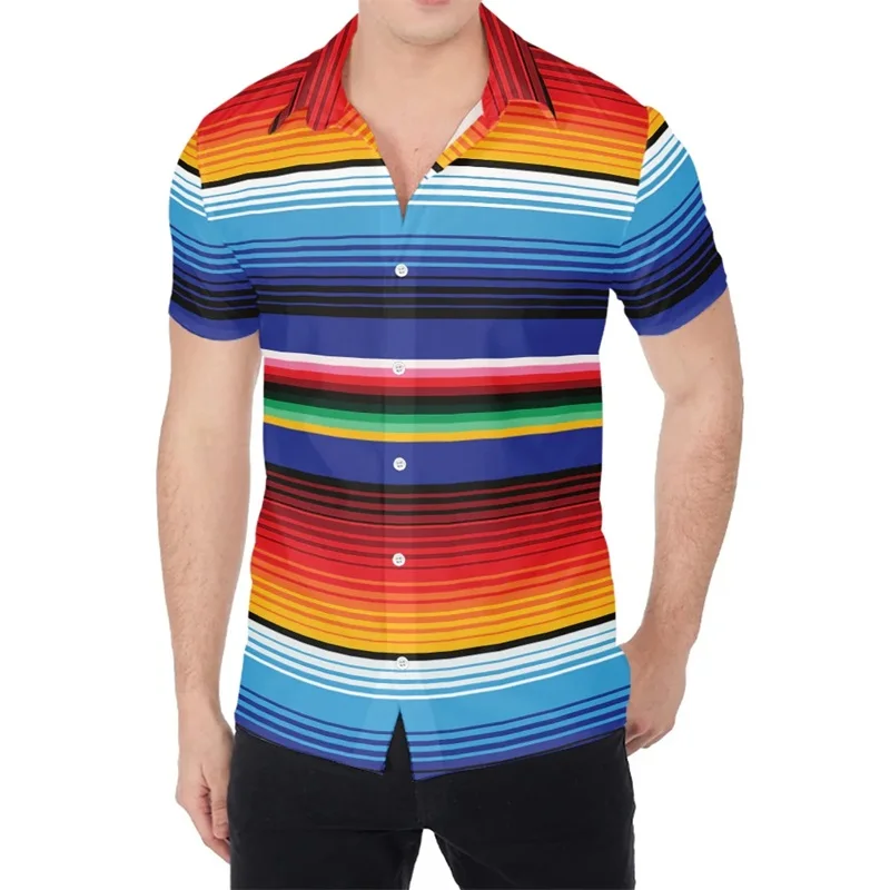 Camisas masculinas coloridas de praia com padrão mexicano, camisa Aloha manga curta, blusa casual de verão, estampa completa, blusa plus size