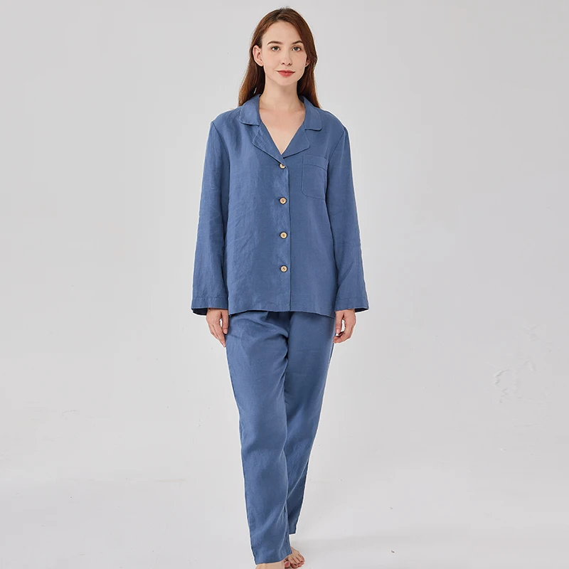 Women's Pajama Set Blue Shirt Long Sleeve Blouse Pajamas Pants 2 Pieces Woman Lounge Outfit Sets Loungewear 100% Natural Linen